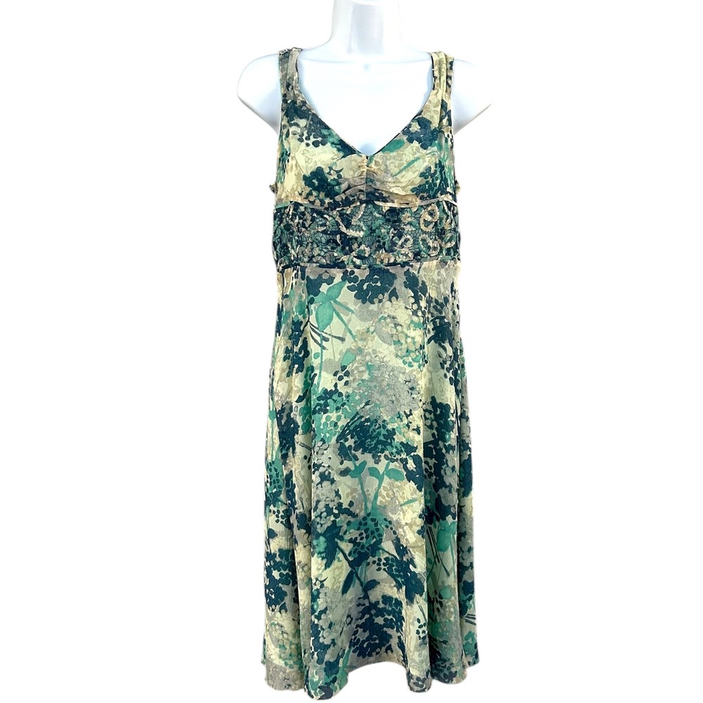 Sigrid Olsen Silk Romantic Fairy Floral Ruched Lace‎ Lined Midi Dress Women Sz 6